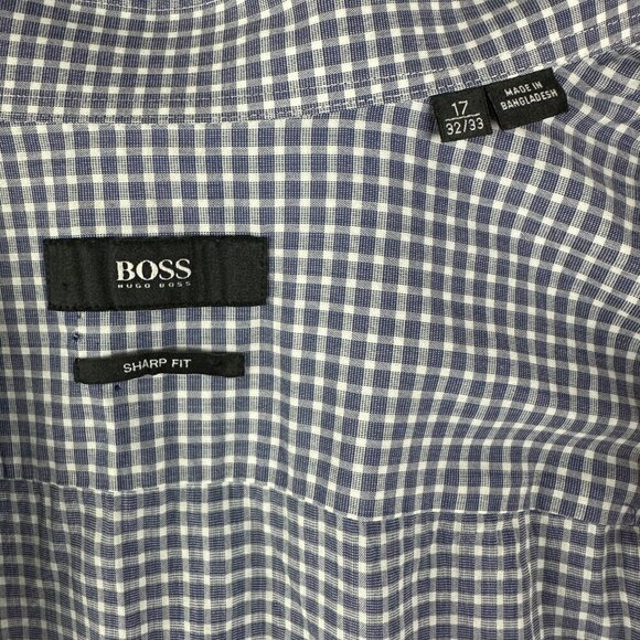 Hugo Boss Shirt Mens 17 Blue Check Cotton Button Up Long Sleeve Sharp Fit - Picture 3 of 7